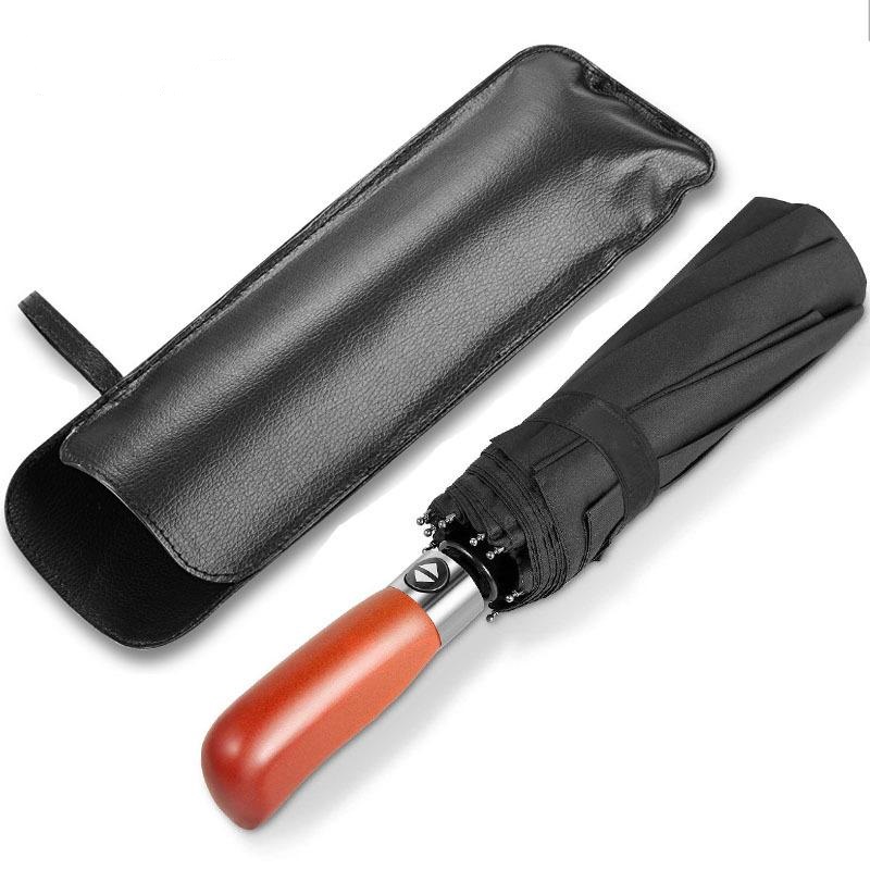 3 fold Auto Open Close Compact windproof Travel folding Umbrella with wooden handle